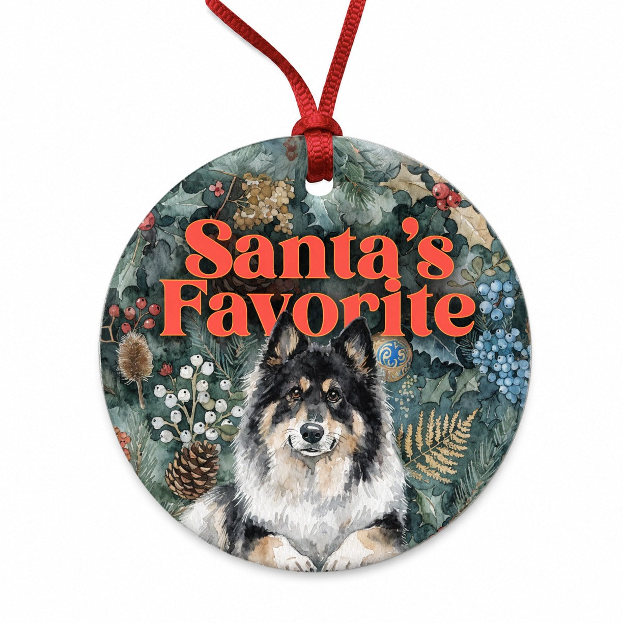 Norwegian Elkhound Dog Christmas Santa's Favorite Round Ceramic Holiday Christmas Tree Ornament
