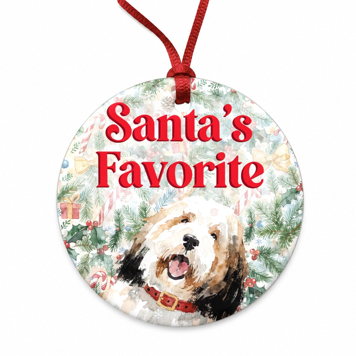 Old English Sheepdog Christmas Santa's Favorite Round Ceramic Holiday Christmas Tree Ornament