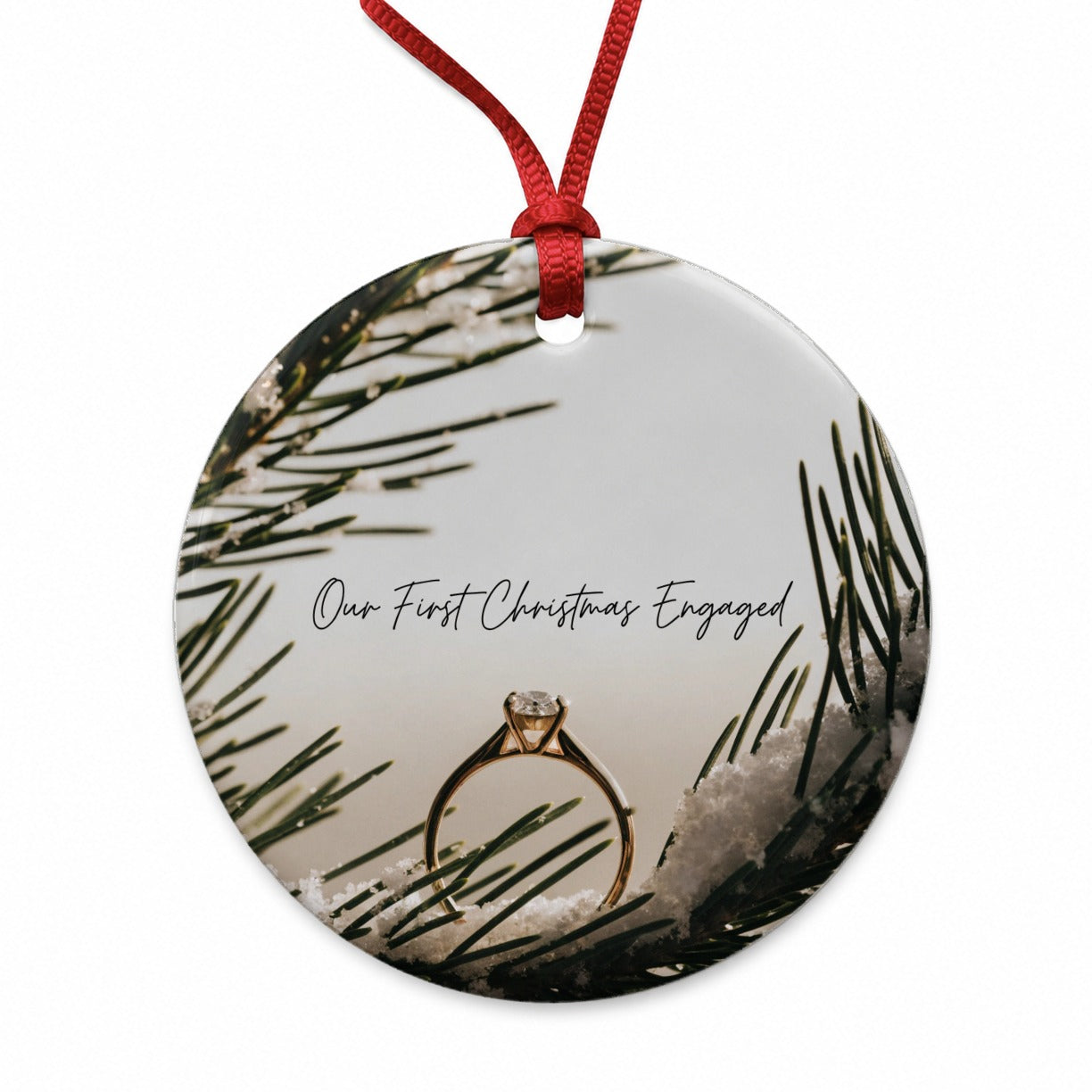 Our First Christmas Engaged Engagement Round Ceramic Holiday Christmas Tree Ornament