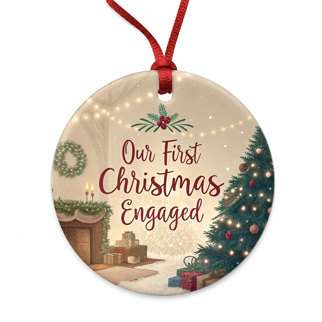 Our First Christmas Engaged Round Ceramic Holiday Christmas Tree Ornament