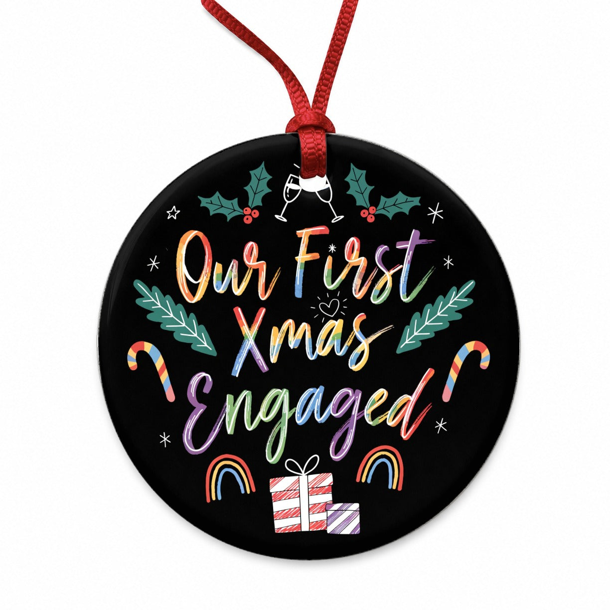 Our First Christmas Xmas Engaged LGBTQ Pride Cute Round Ceramic Holiday Christmas Tree Ornament