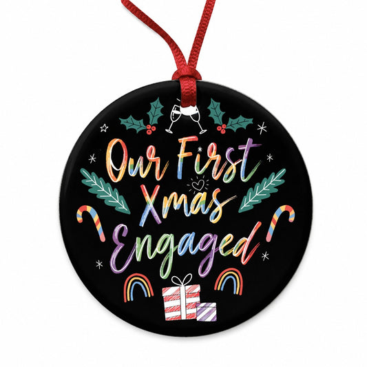 Our First Christmas Xmas Engaged LGBTQ Pride Cute Round Ceramic Holiday Christmas Tree Ornament