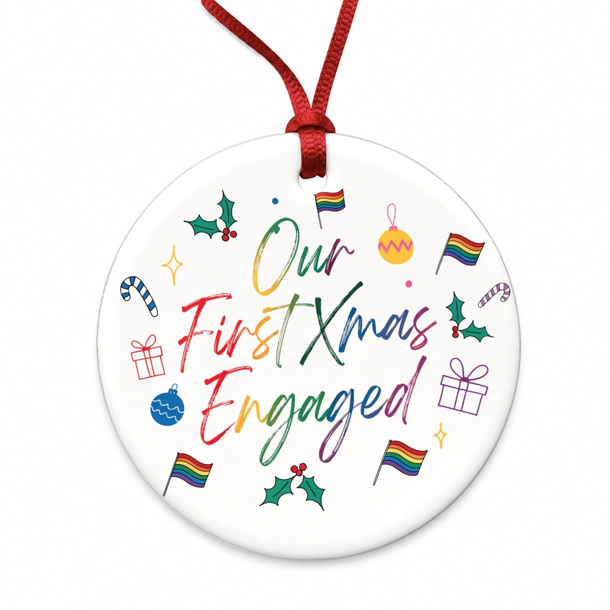 Our First Christmas Xmas Engaged Pride LGBTQ Round Ceramic Holiday Christmas Tree Ornament