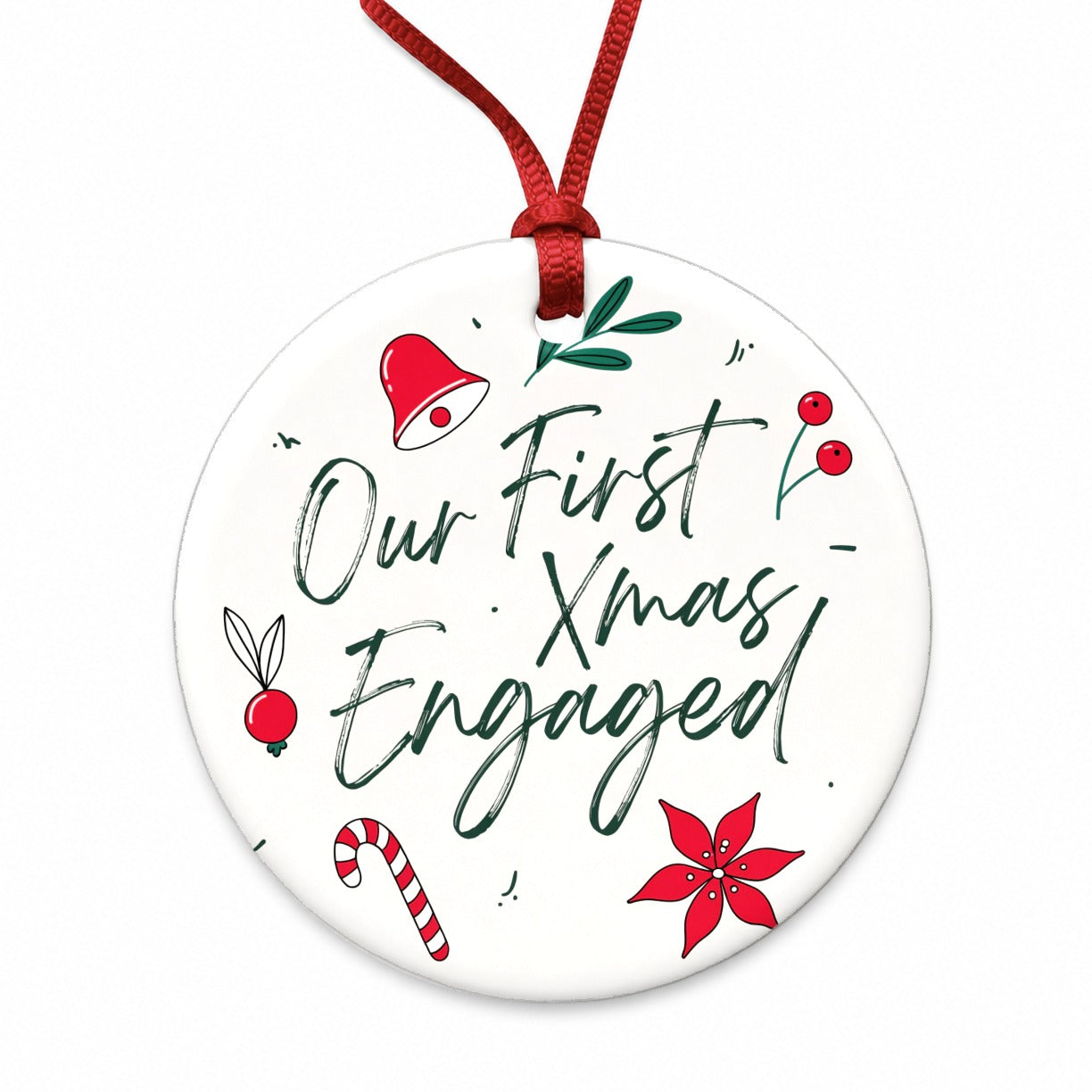 Our First Christmas Xmas Engaged Round Ceramic Holiday Christmas Tree Ornament