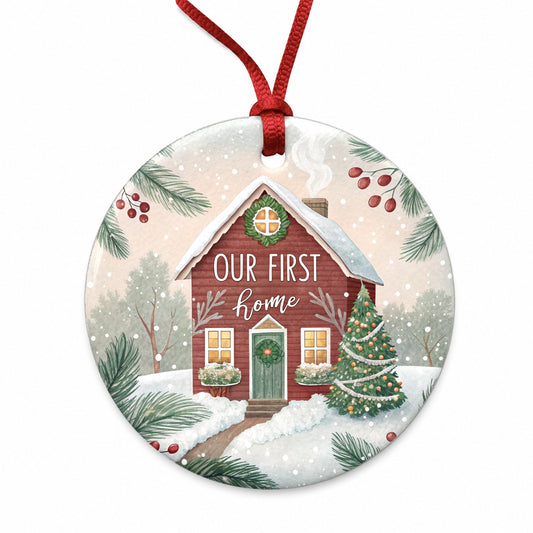 Our First Home Christmas Red House Round Ceramic Holiday Christmas Tree Ornament