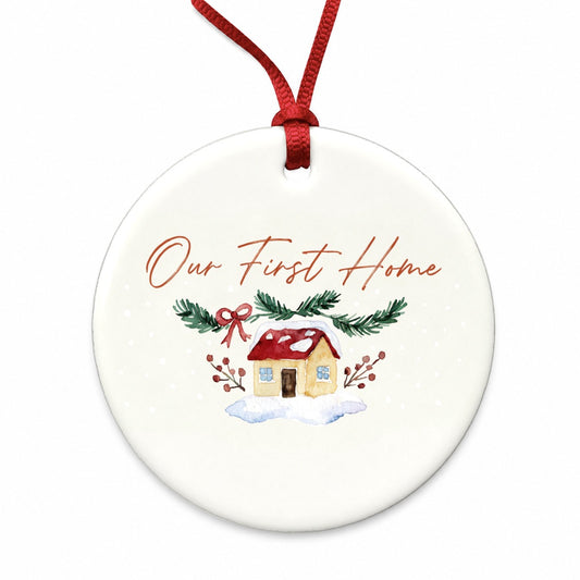 Our First Home House Christmas Sweet Round Ceramic Holiday Christmas Tree Ornament