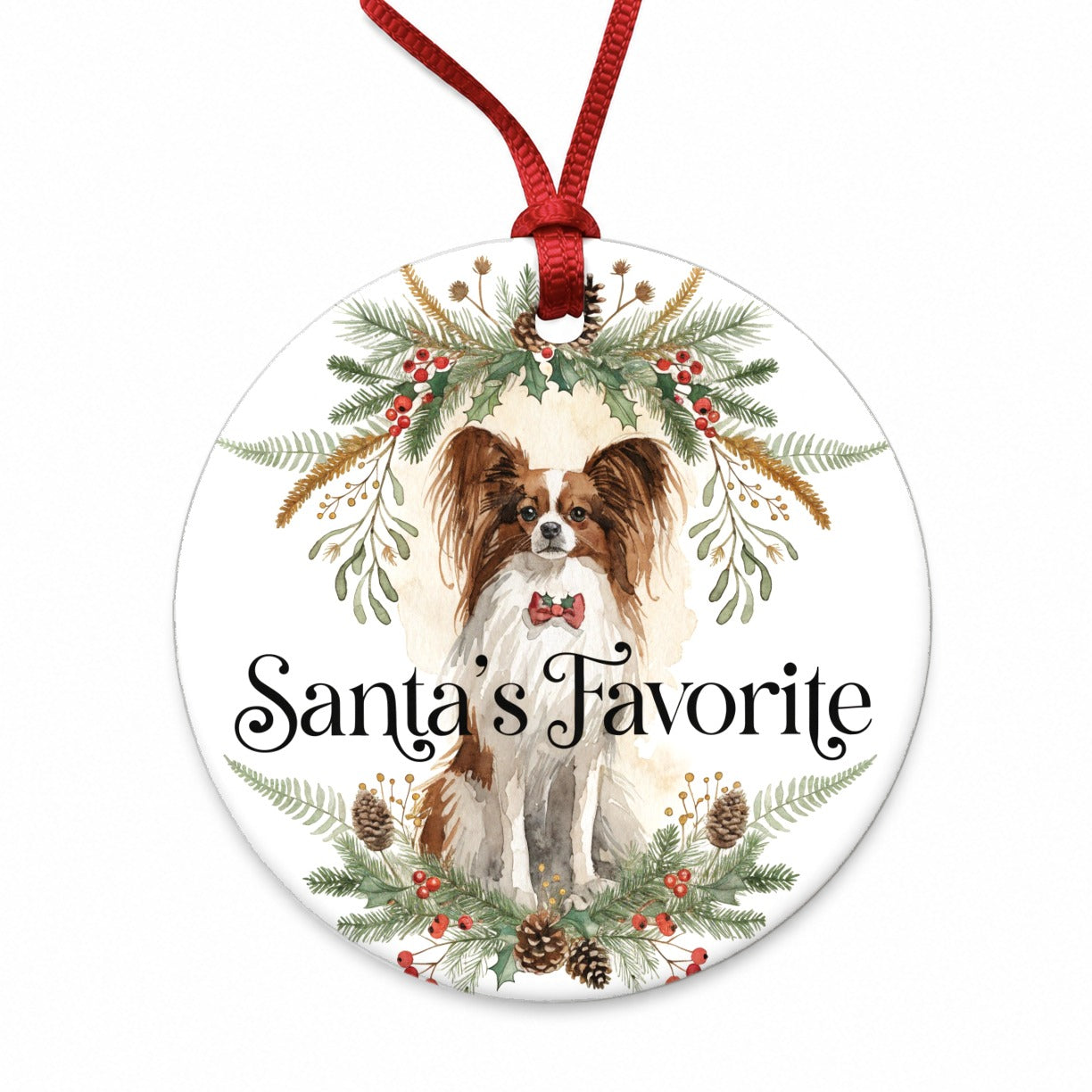 Papillon Dog Christmas Santa's Favorite Round Ceramic Holiday Christmas Tree Ornament
