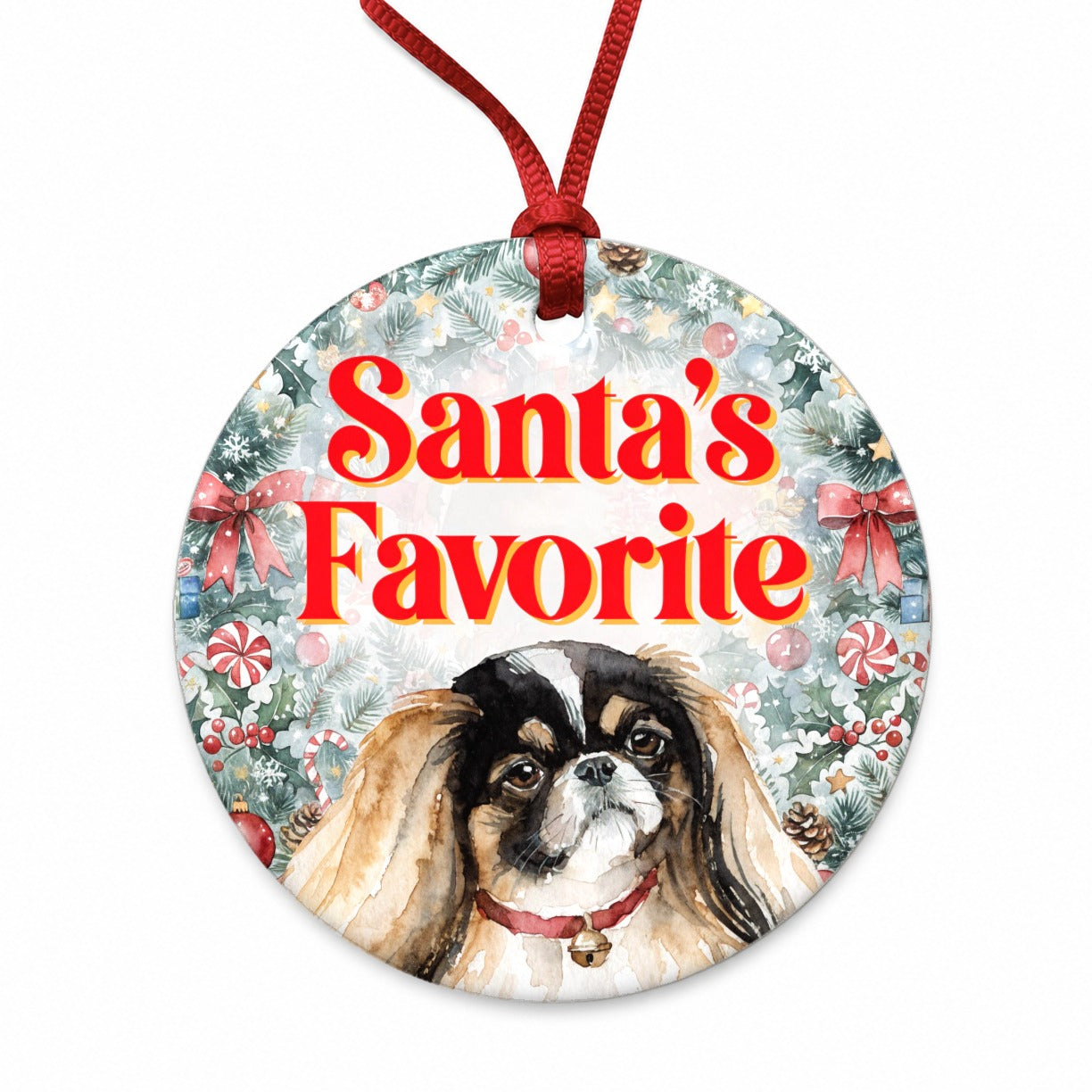 Pekingese Dog Christmas Santa's Favorite Round Ceramic Holiday Christmas Tree Ornament