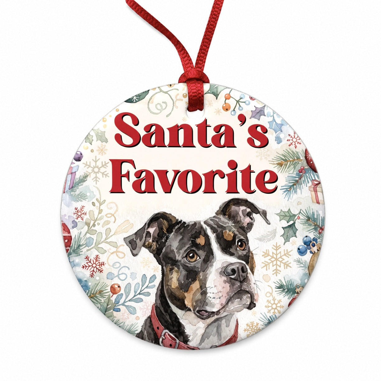 Pit Bull Mix Dog Christmas Santa's Favorite Round Ceramic Holiday Christmas Tree Ornament