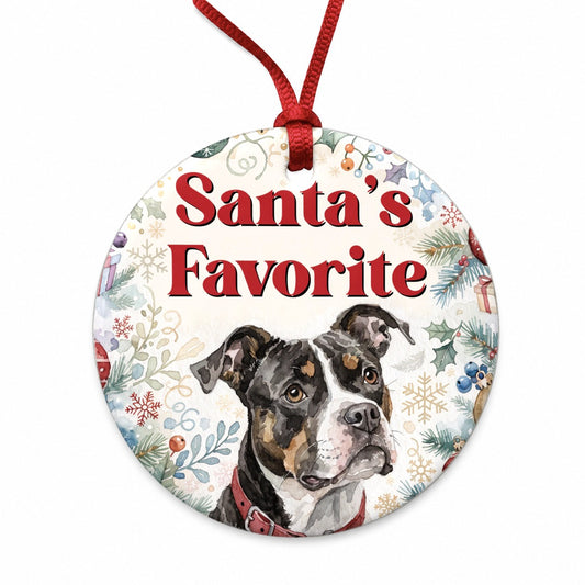 Pit Bull Mix Dog Christmas Santa's Favorite Round Ceramic Holiday Christmas Tree Ornament