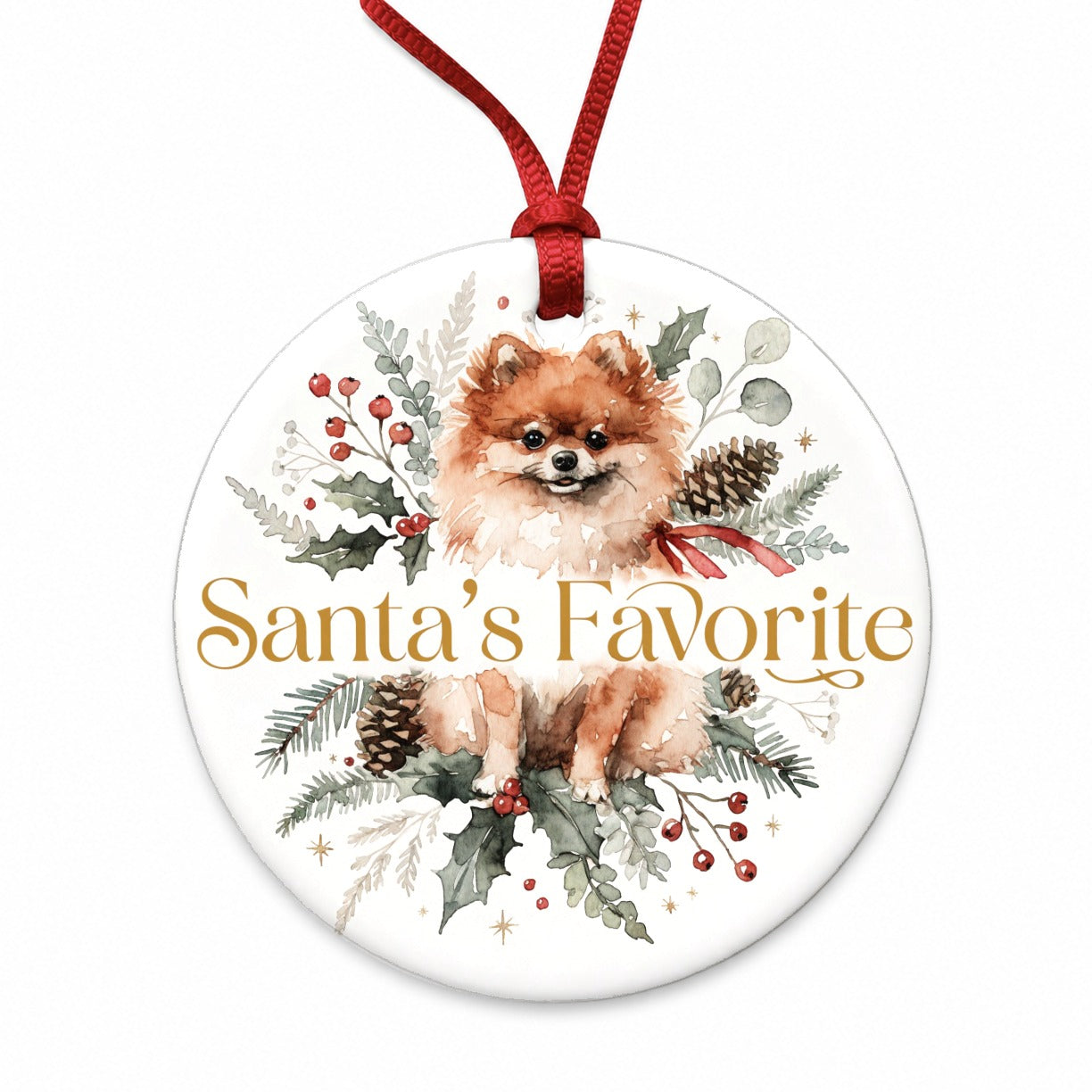 Pomeranian Dog Christmas Santa's Favorite Round Ceramic Holiday Christmas Tree Ornament