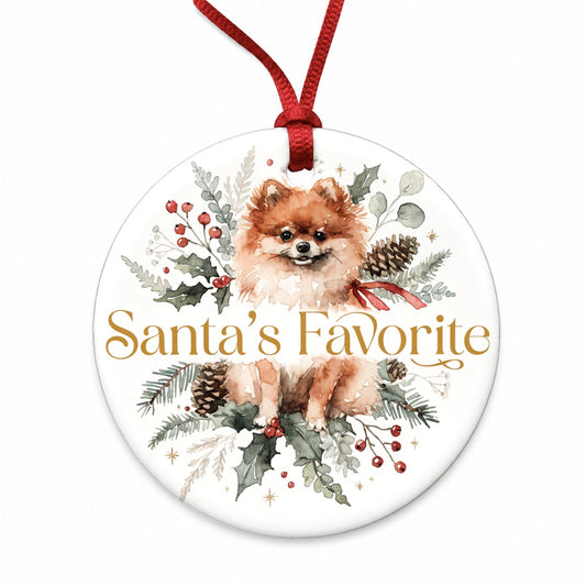 Pomeranian Dog Christmas Santa's Favorite Round Ceramic Holiday Christmas Tree Ornament