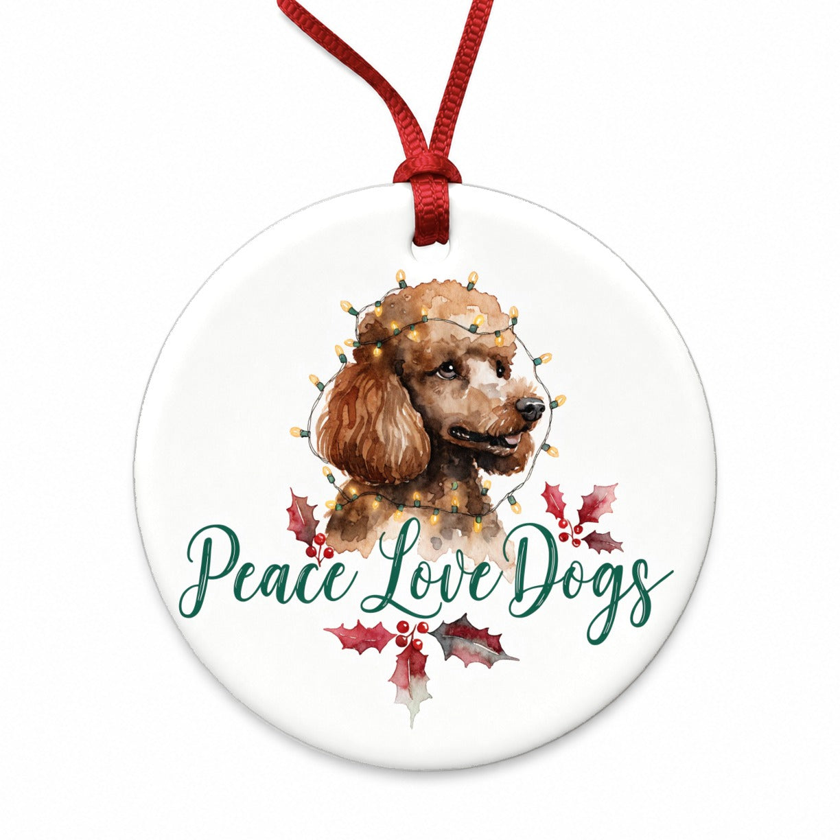 Poodle Christmas Peace Love Dogs Round Ceramic Holiday Christmas Tree Ornament