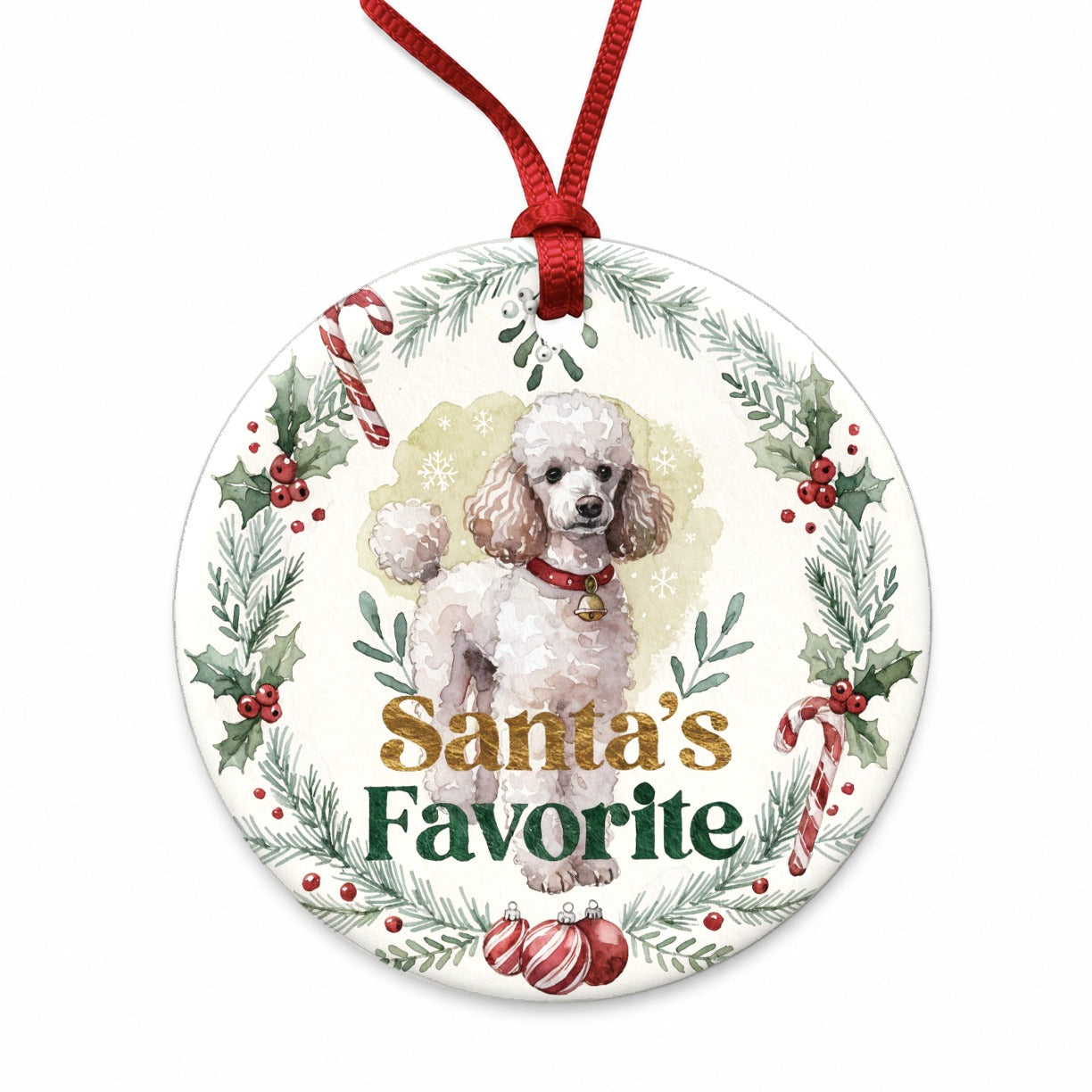 Poodle White Dog Christmas Santa's Favorite Round Ceramic Holiday Christmas Tree Ornament