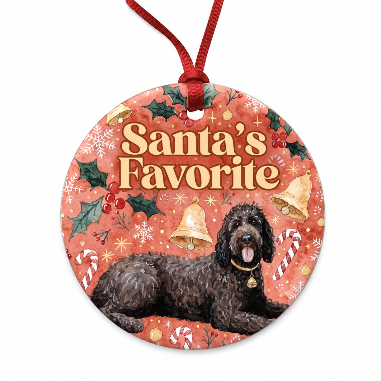 Portuguese Water Dog Christmas Santa's Favorite Round Ceramic Holiday Christmas Tree Ornament