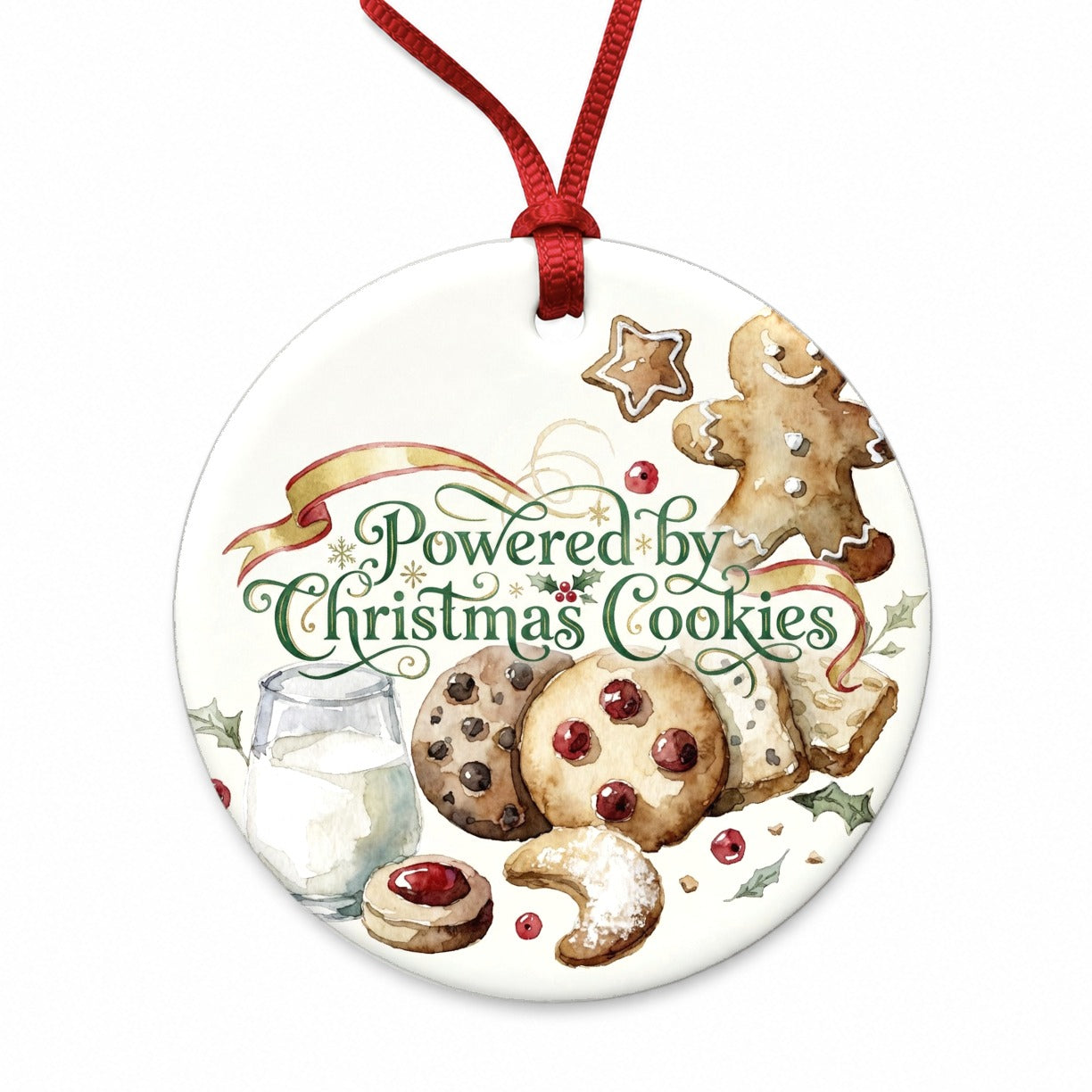 Powered By Christmas Cookies Funny Round Ceramic Holiday Christmas Tree Ornament