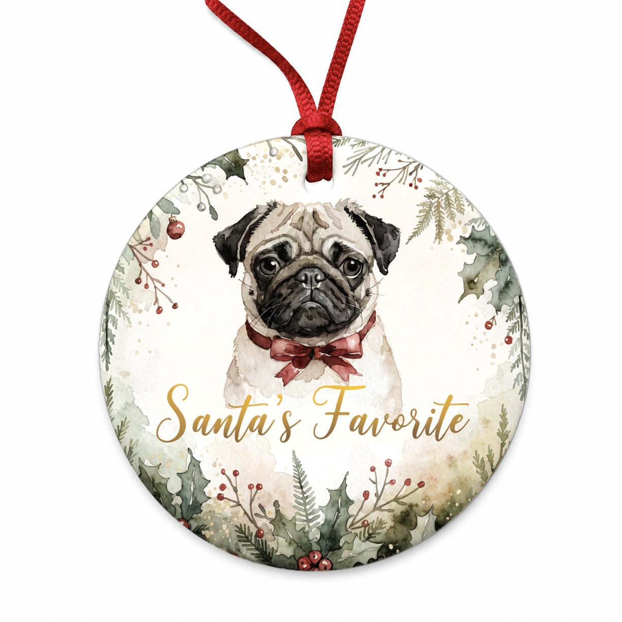 Pug Dog Christmas Santa's Favorite Round Ceramic Holiday Christmas Tree Ornament