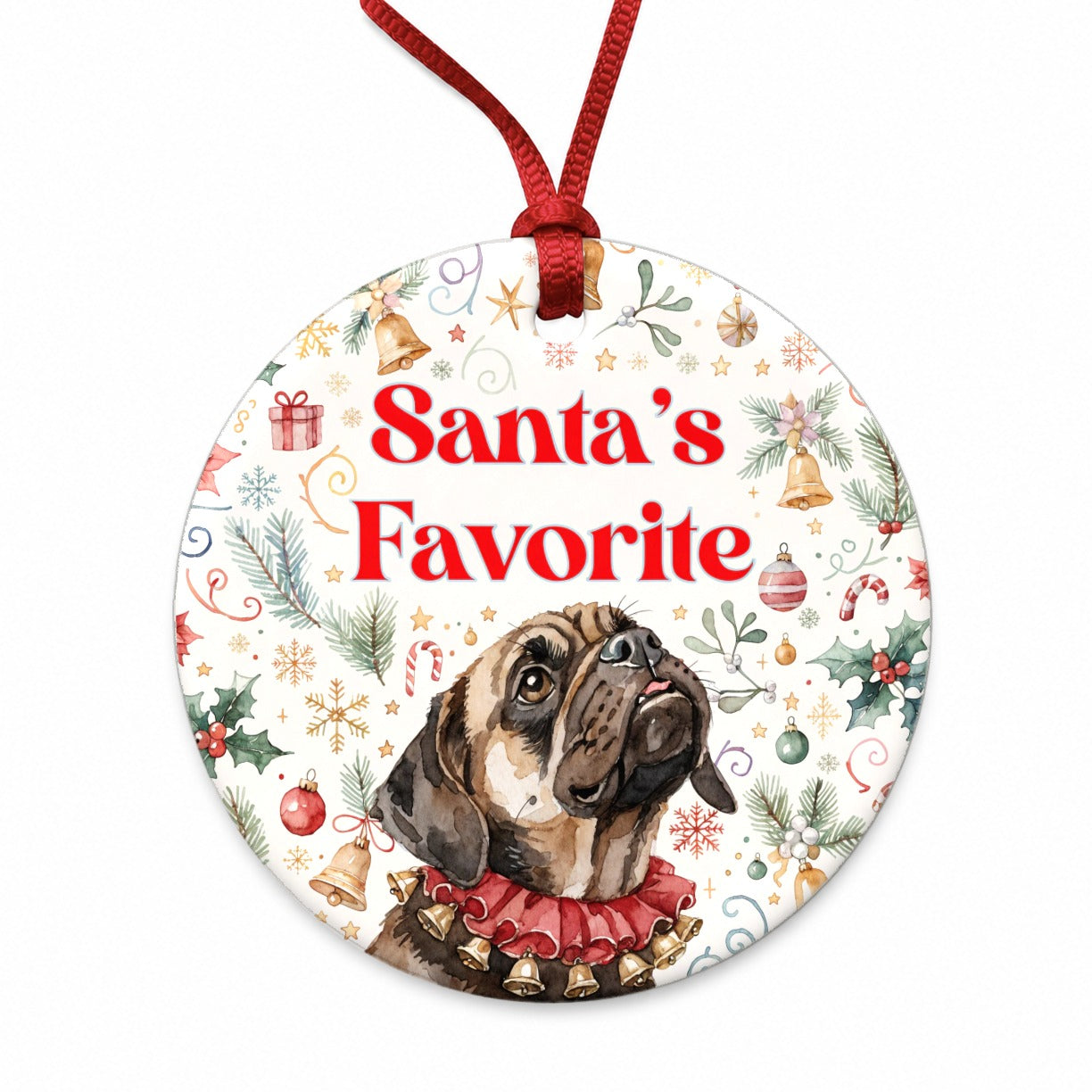 Puggle Dog Christmas Santa's Favorite Round Ceramic Holiday Christmas Tree Ornament