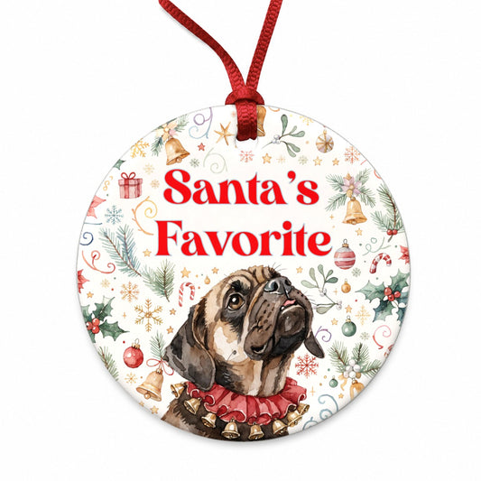 Puggle Dog Christmas Santa's Favorite Round Ceramic Holiday Christmas Tree Ornament