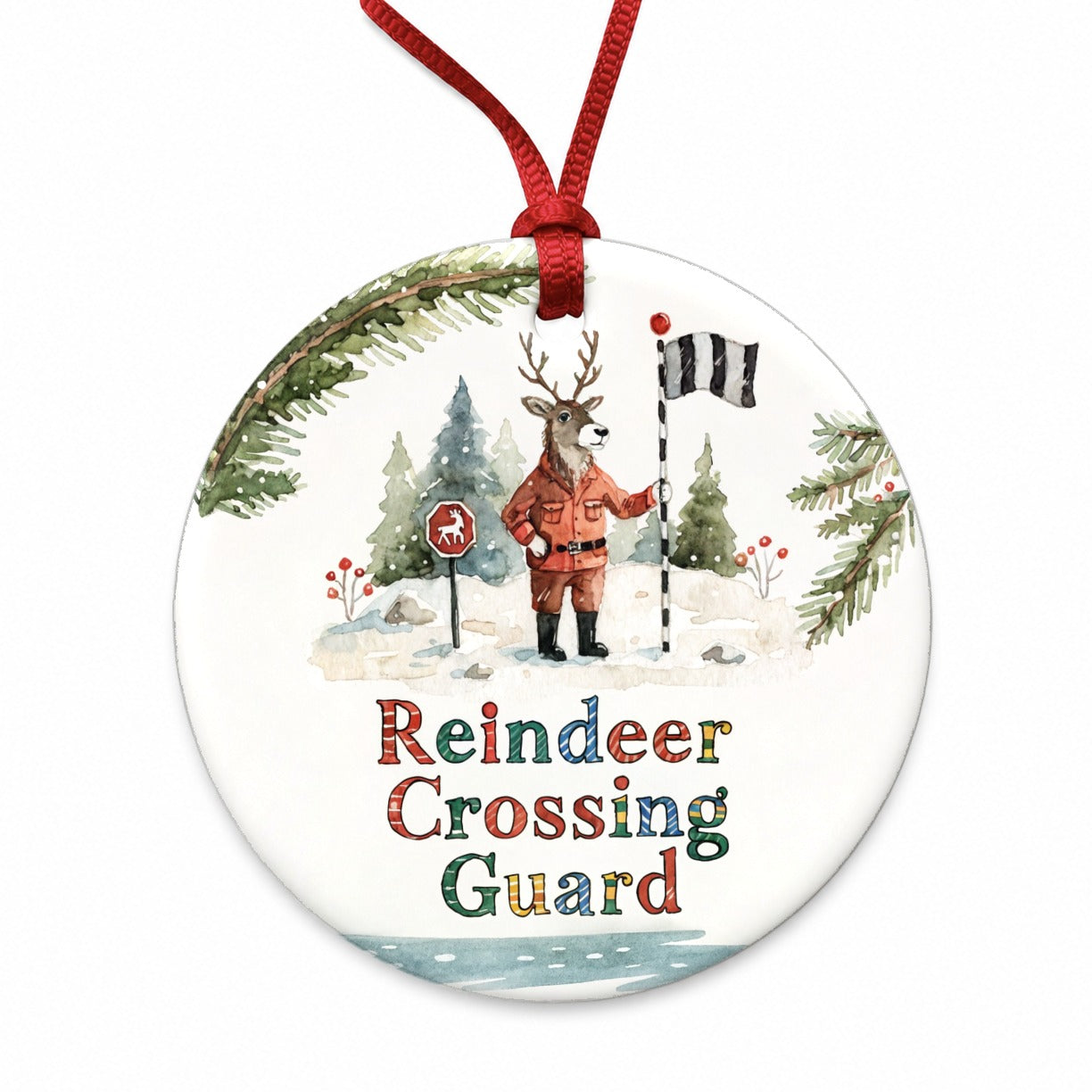 Reindeer Crossing Guard Christmas Funny Round Ceramic Holiday Christmas Tree Ornament