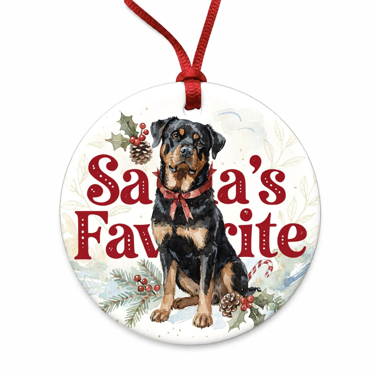 Rottweiler Dog Christmas Santa's Favorite Round Ceramic Holiday Christmas Tree Ornament
