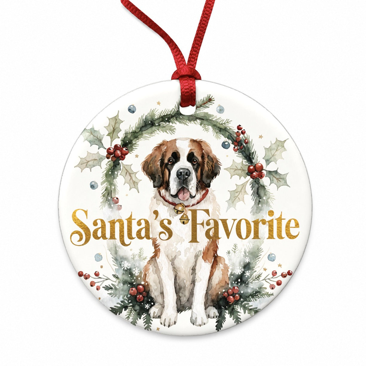 Saint Bernard Dog Christmas Santa's Favorite Round Ceramic Holiday Christmas Tree Ornament