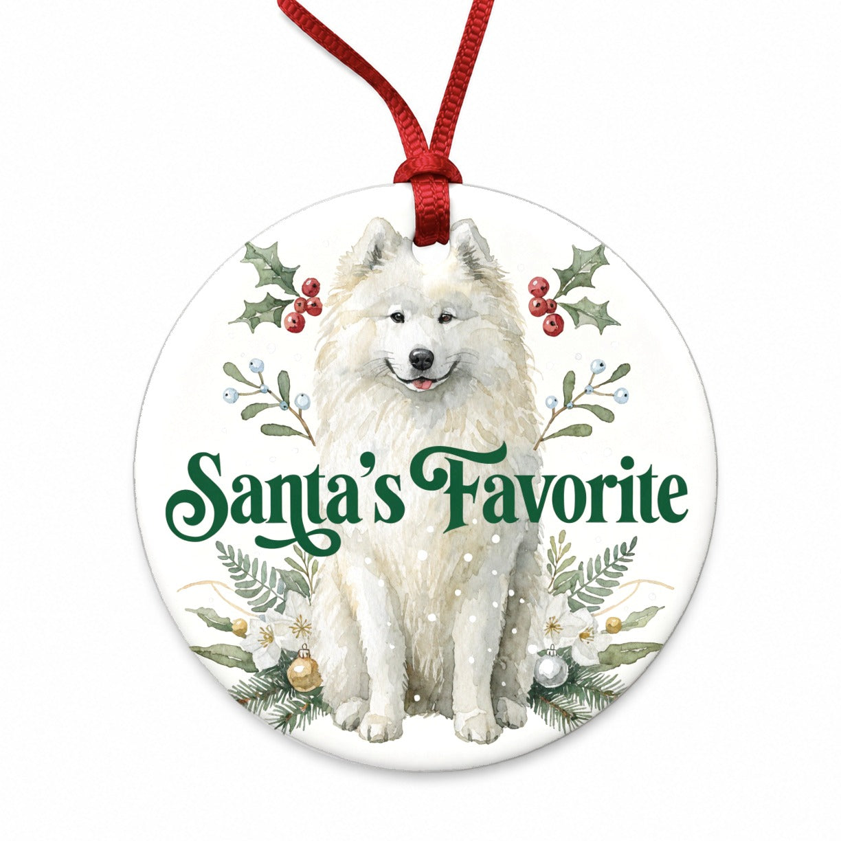 Samoyed Dog Christmas Santa's Favorite Round Ceramic Holiday Christmas Tree Ornament