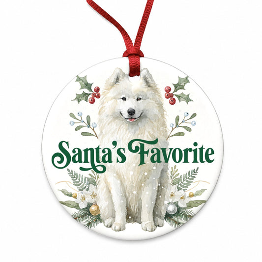 Samoyed Dog Christmas Santa's Favorite Round Ceramic Holiday Christmas Tree Ornament