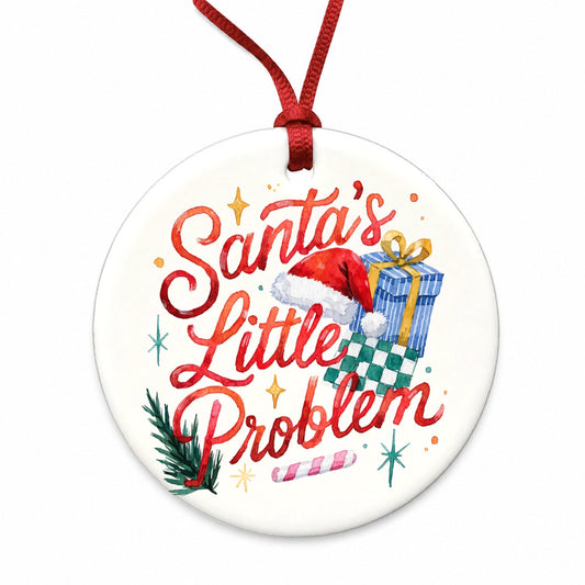 Santa's Little Problem Christmas Funny Round Ceramic Holiday Christmas Tree Ornament