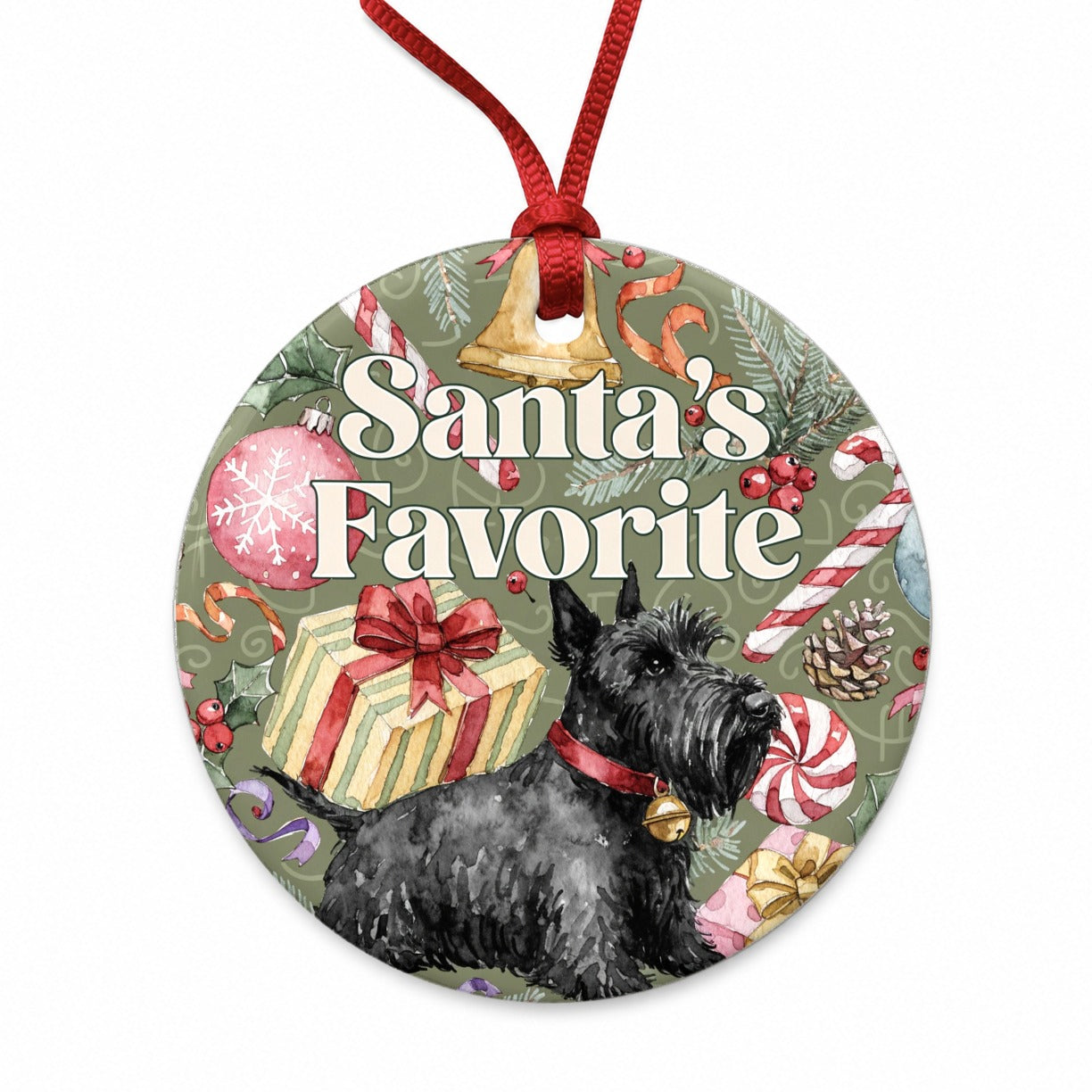 Scottish Terrier Dog Christmas Santa's Favorite Round Ceramic Holiday Christmas Tree Ornament