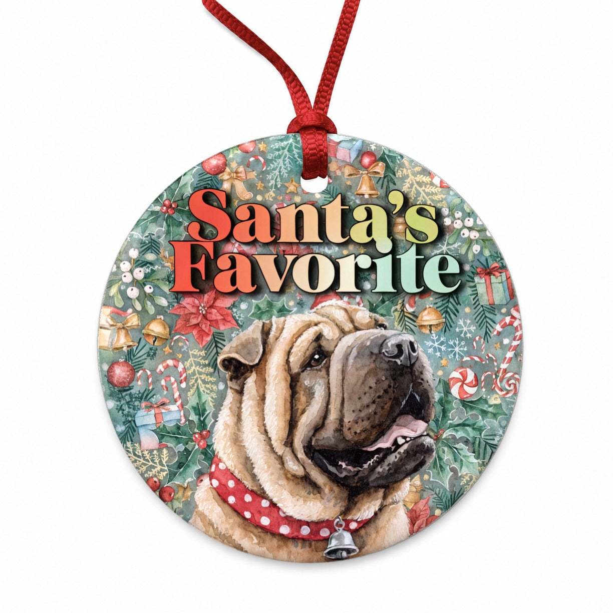 Shar Pei Dog Christmas Santa's Favorite Round Ceramic Holiday Christmas Tree Ornament
