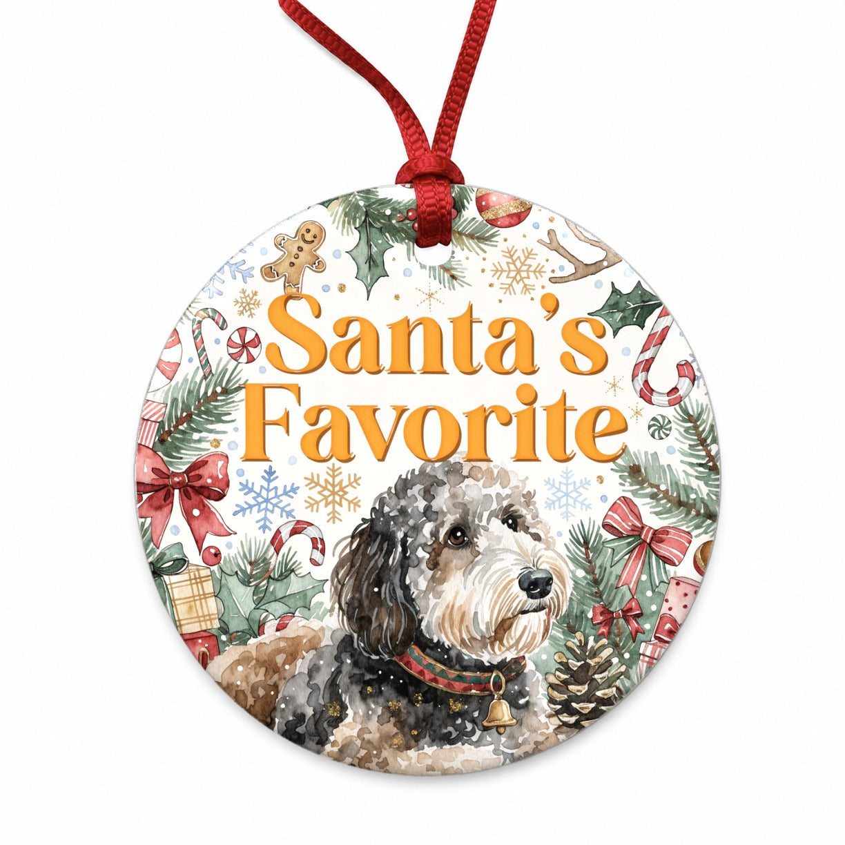 Sheepadoodle Dog Christmas Santa's Favorite Round Ceramic Holiday Christmas Tree Ornament