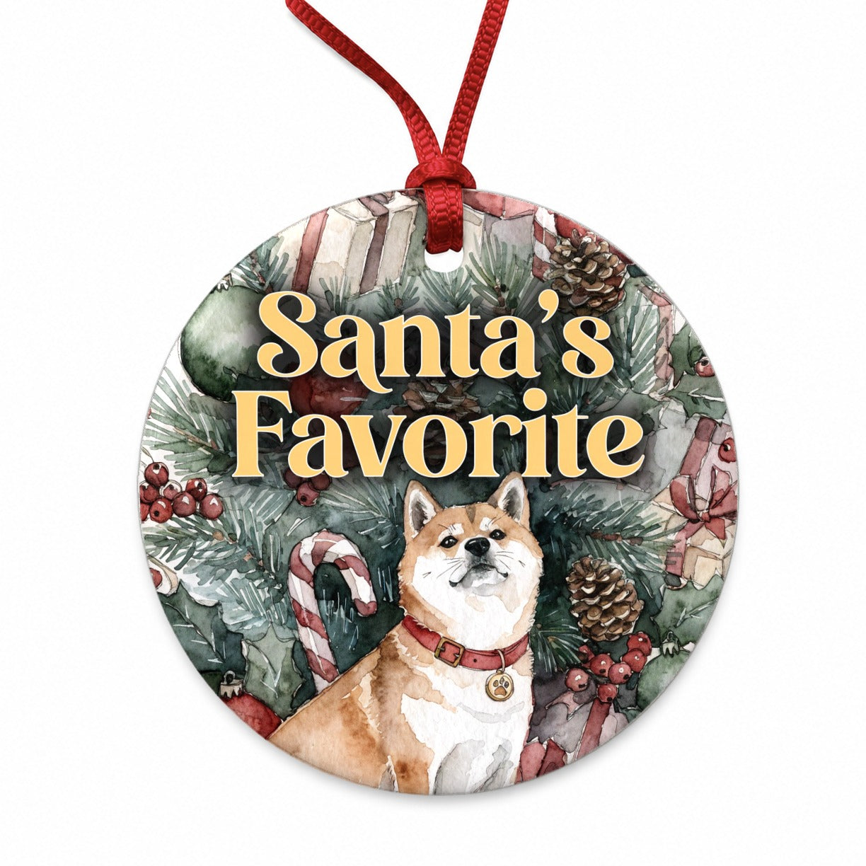 Shiba Inu Dog Christmas Santa's Favorite Round Ceramic Holiday Christmas Tree Ornament