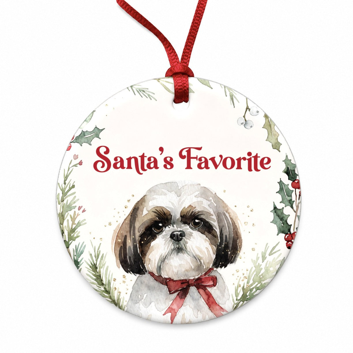 Shih Tzu Dog Christmas Santa's Favorite Round Ceramic Holiday Christmas Tree Ornament