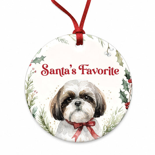 Shih Tzu Dog Christmas Santa's Favorite Round Ceramic Holiday Christmas Tree Ornament