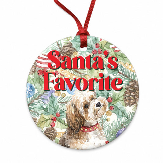 Shorkie Dog Christmas Santa's Favorite Round Ceramic Holiday Christmas Tree Ornament