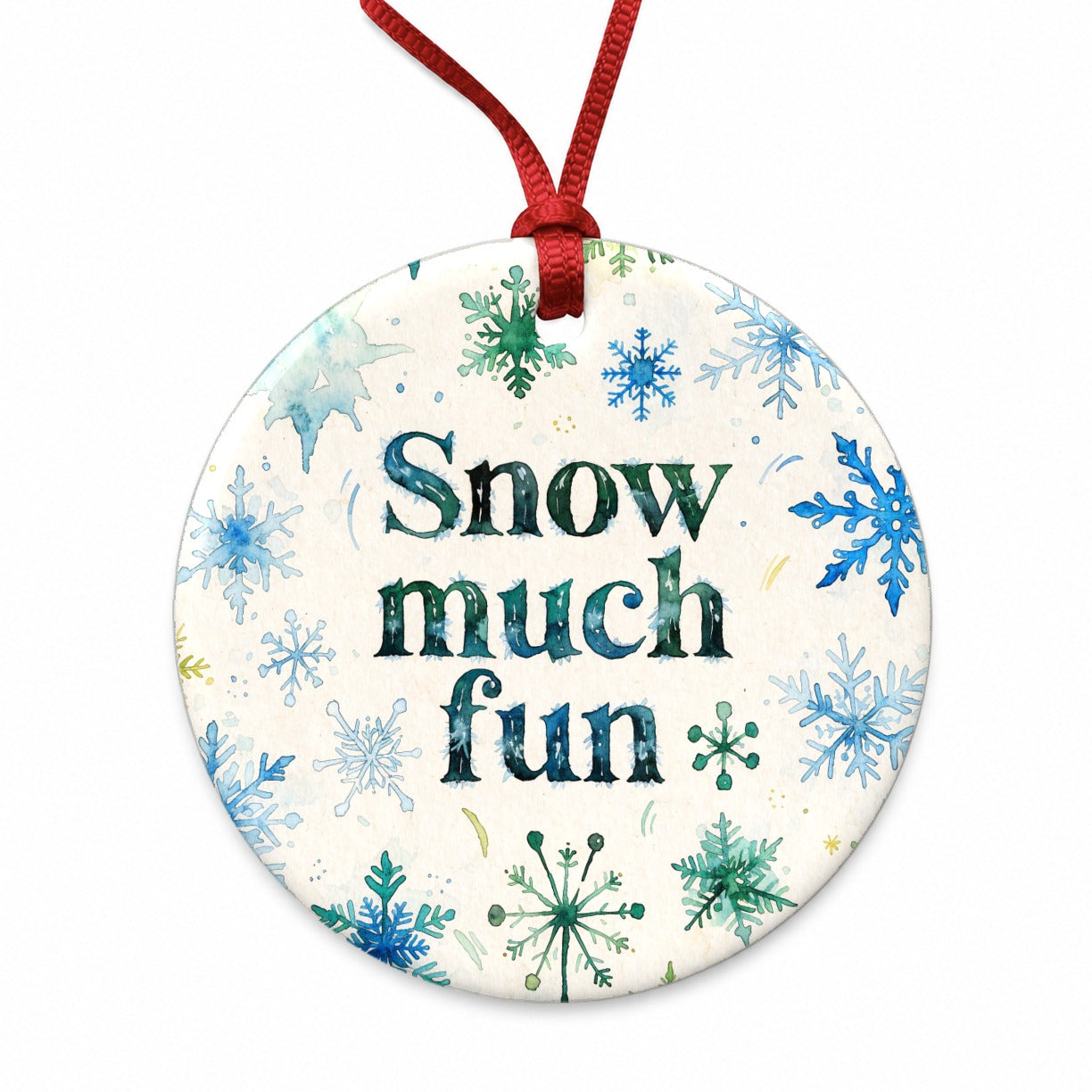 Snow So Much Fun Winter Snowflakes Round Ceramic Holiday Christmas Tree Ornament