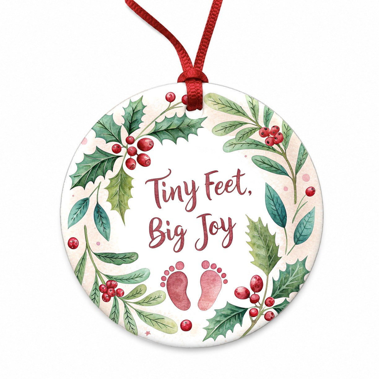 Tiny Feet Big Joy Baby Christmas Round Ceramic Holiday Christmas Tree Ornament