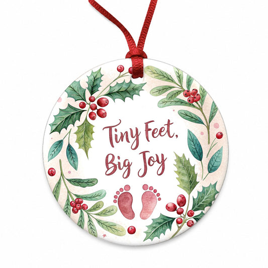 Tiny Feet Big Joy Baby Christmas Round Ceramic Holiday Christmas Tree Ornament