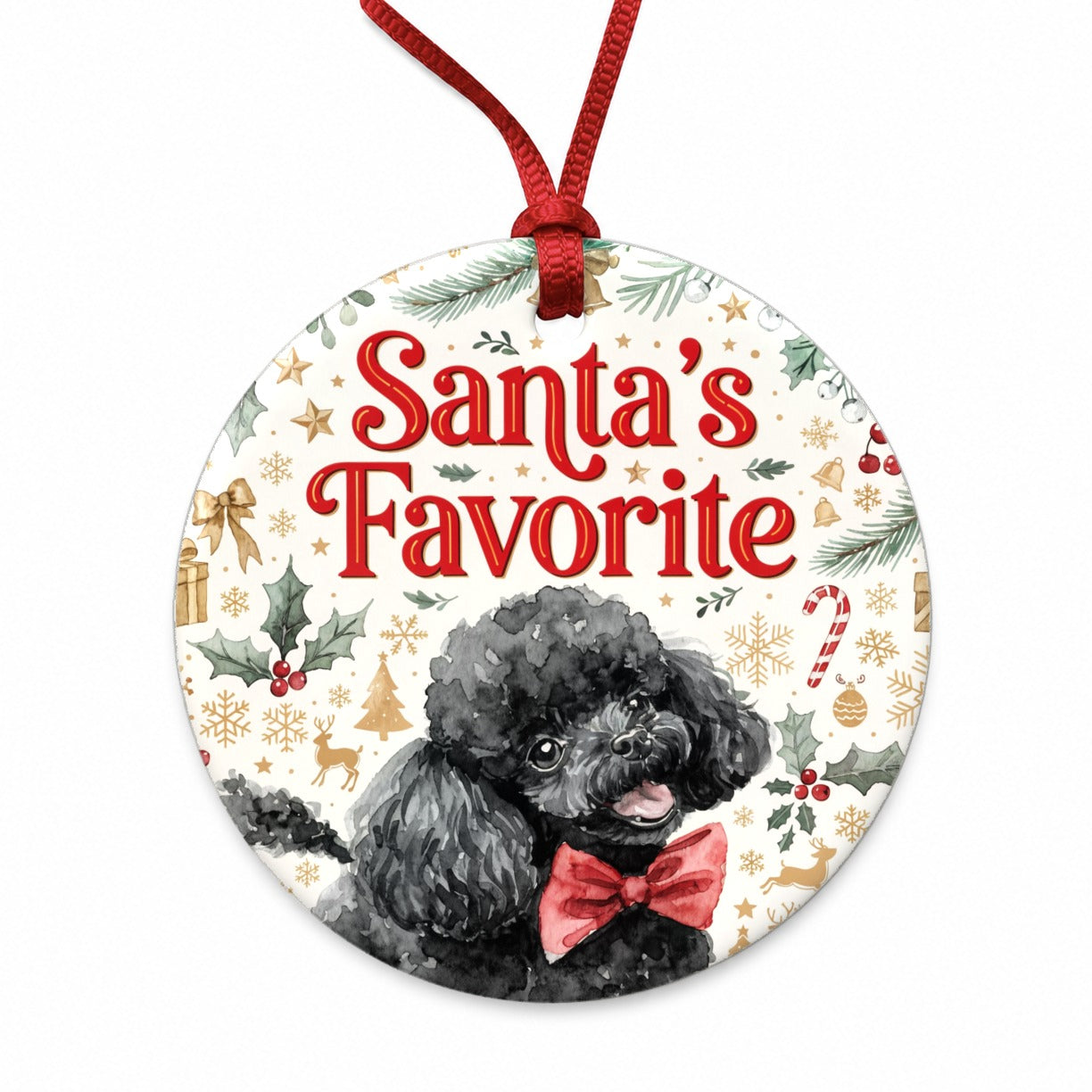 Toy Poodle Dog Christmas Santa's Favorite Round Ceramic Holiday Christmas Tree Ornament