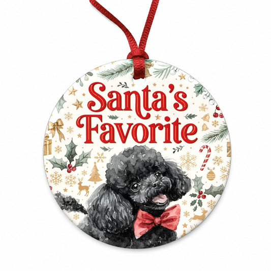Toy Poodle Dog Christmas Santa's Favorite Round Ceramic Holiday Christmas Tree Ornament