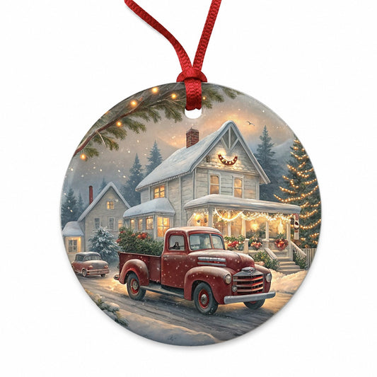 Vintage Americana Christmas Red Truck Round Ceramic Holiday Christmas Tree Ornament