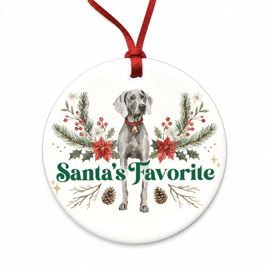 Weimaraner Dog Christmas Santa's Favorite Round Ceramic Holiday Christmas Tree Ornament