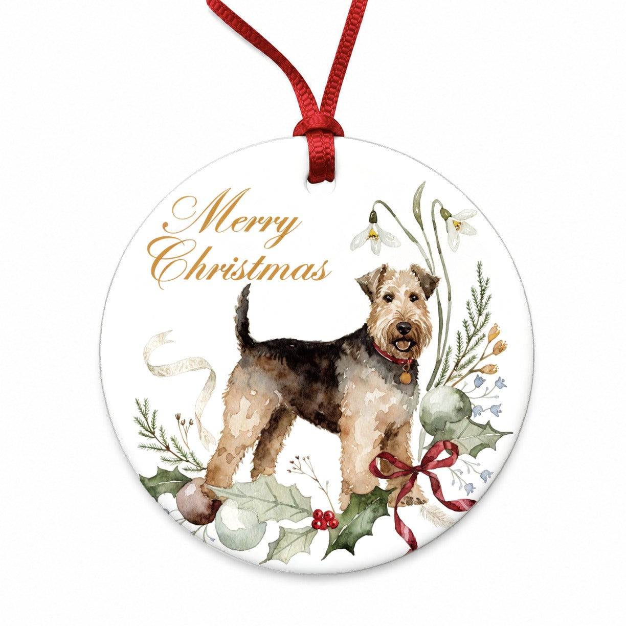 Welsh Terrier Dog Merry Christmas Round Ceramic Holiday Christmas Tree Ornament