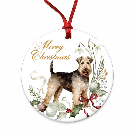 Welsh Terrier Dog Merry Christmas Round Ceramic Holiday Christmas Tree Ornament