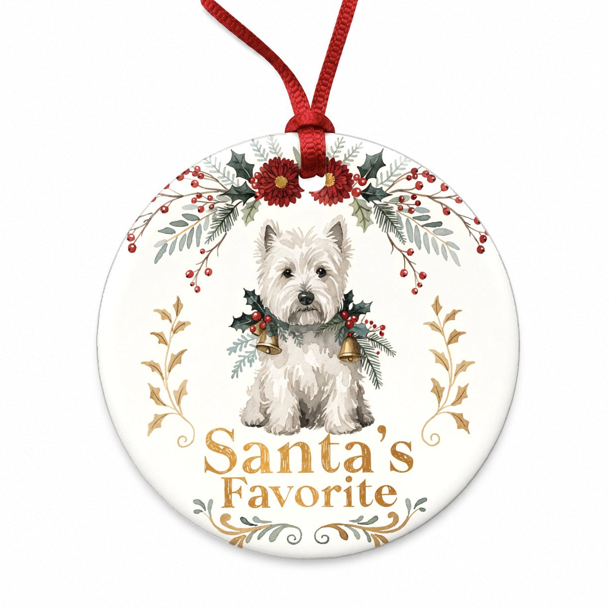 West Highland White Terrier Westie Dog Christmas Santa's Favorite Round Ceramic Holiday Christmas Tree Ornament