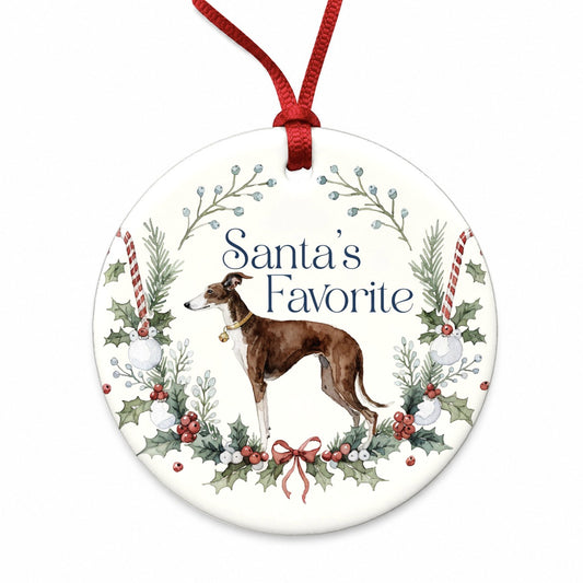 Whippet Dog Christmas Santa's Favorite Round Ceramic Holiday Christmas Tree Ornament