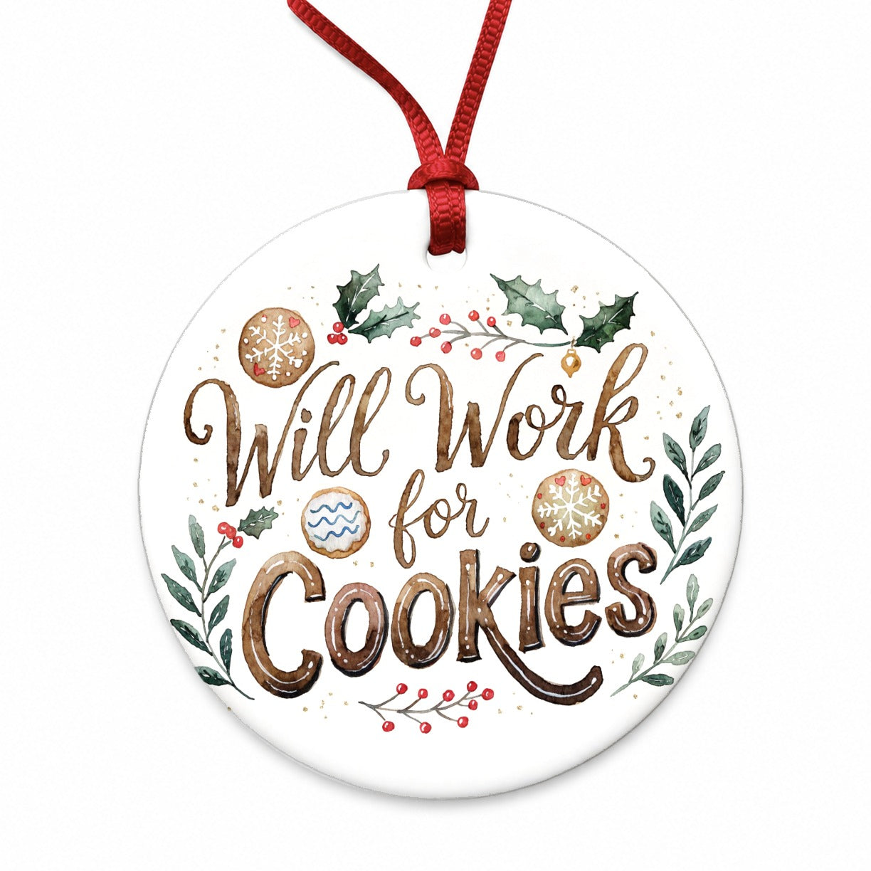 Will Work For Cookies Christmas Round Ceramic Holiday Christmas Tree Ornament