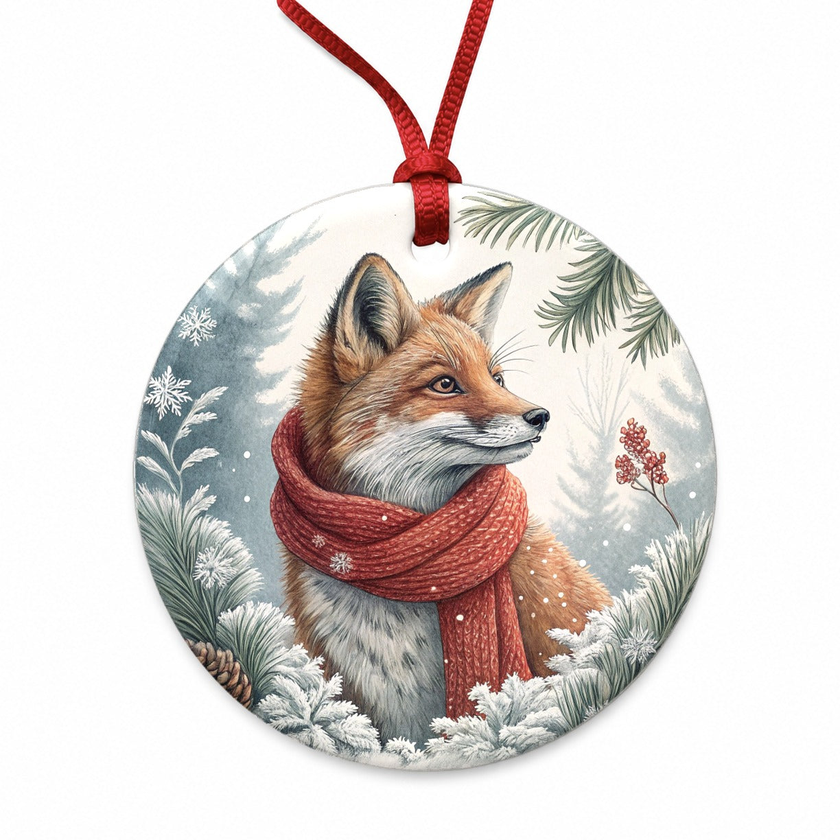 Winter Fox With Scarf Christmas Round Ceramic Holiday Christmas Tree Ornament