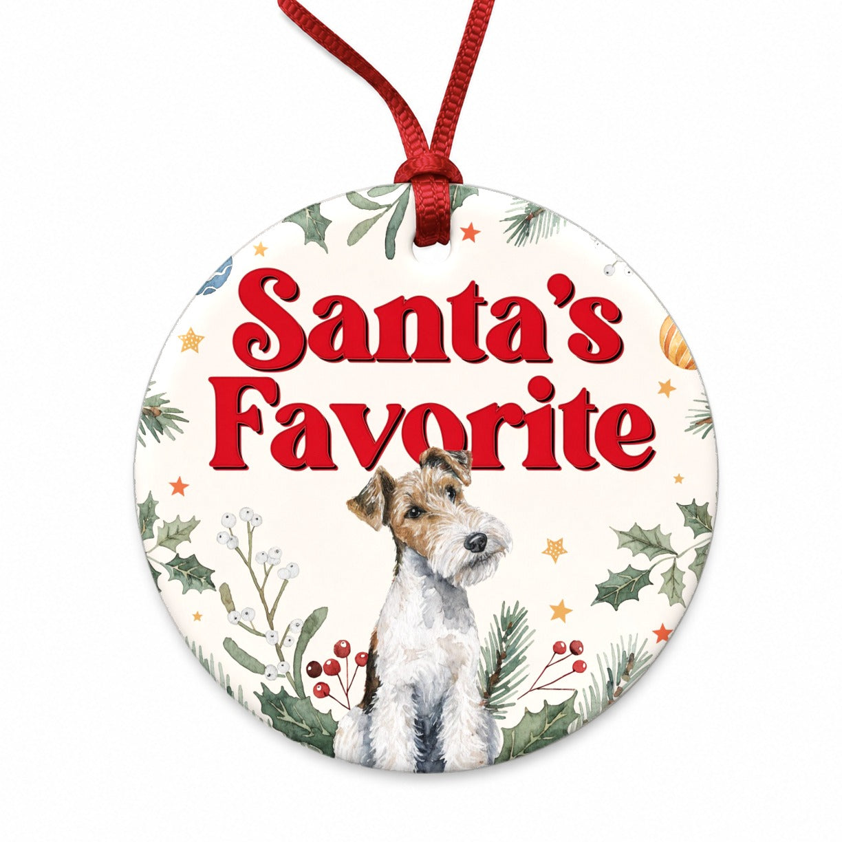 Wire Fox Terrier Dog Christmas Santa's Favorite Round Ceramic Holiday Christmas Tree Ornament